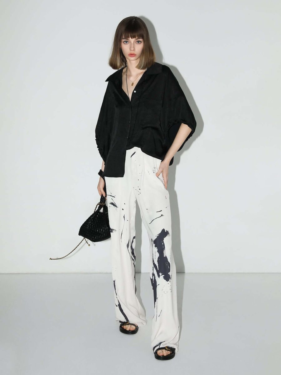 Black Satin Batwing Shirt with Adjustable Drawstring Details-0