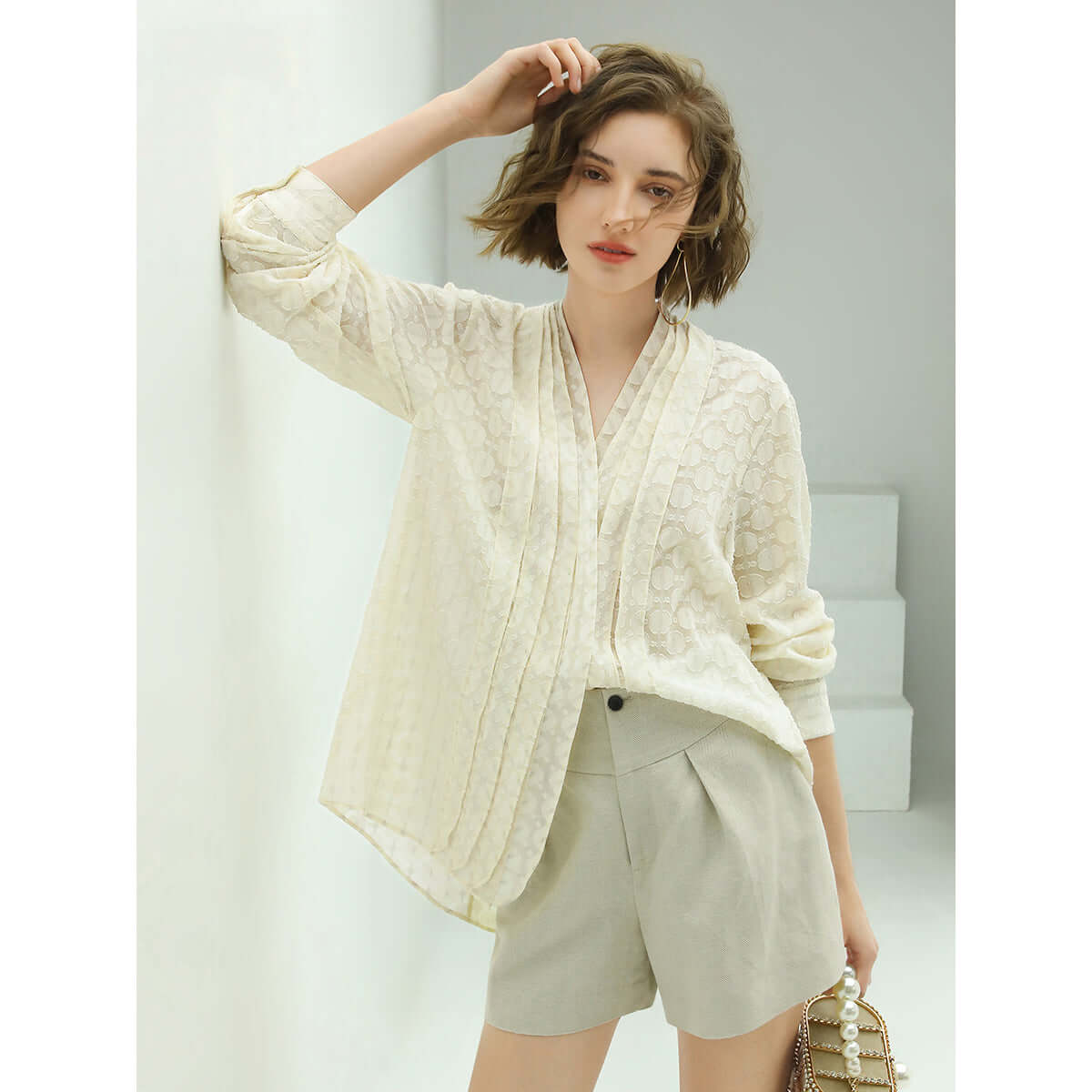Apricot Chiffon V-Neck Pleated Shirt Women's Long Sleeve Luxury Casual Wear-0