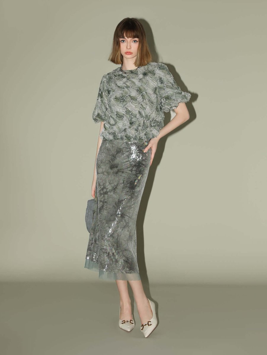 Floral Appliqué Gradient Mint Green Mesh Sleeve Top with Puff Sleeves-0