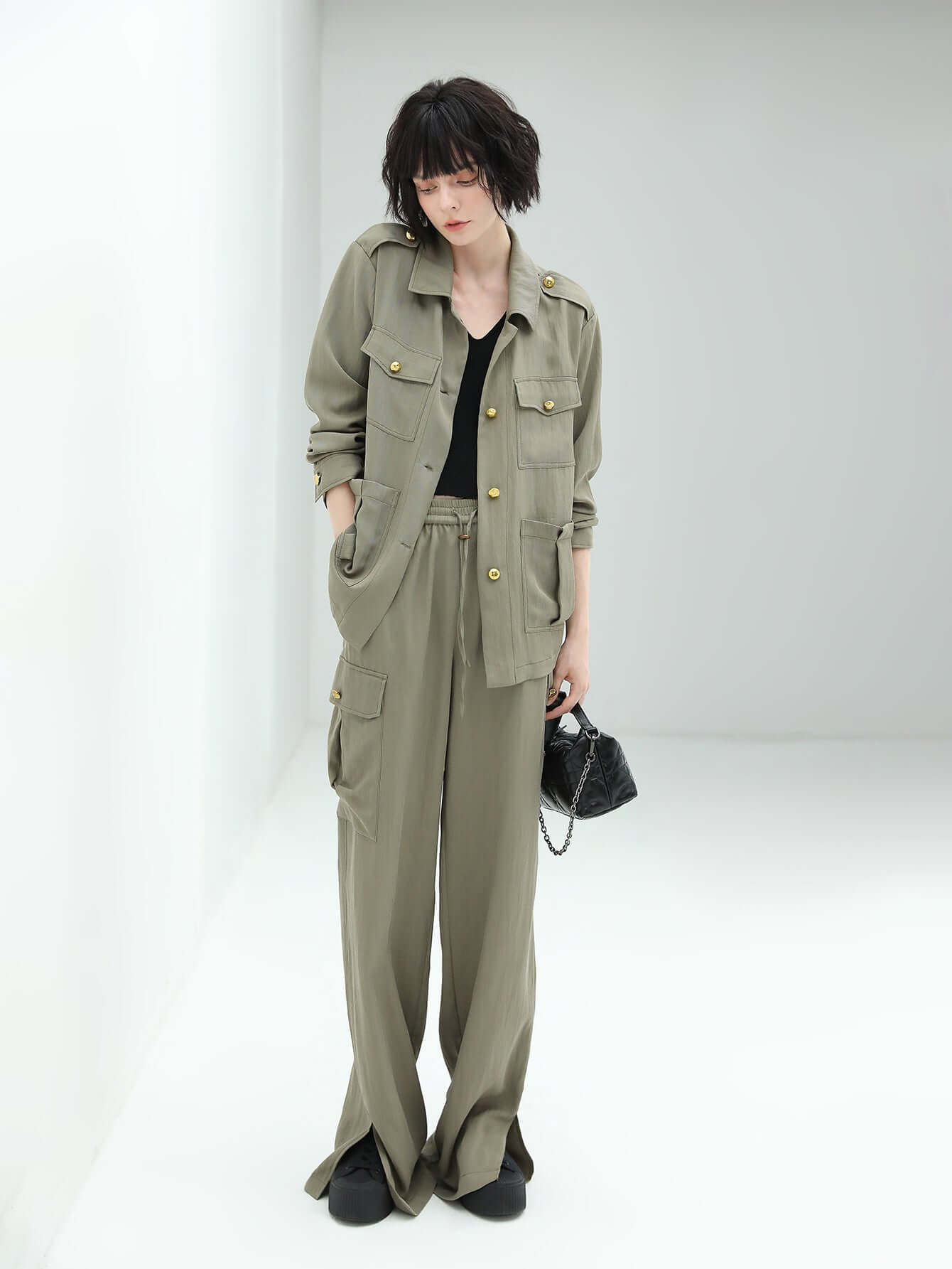 Green Straight Leg Cargo Pants with Side Slits Elastic Fit-0