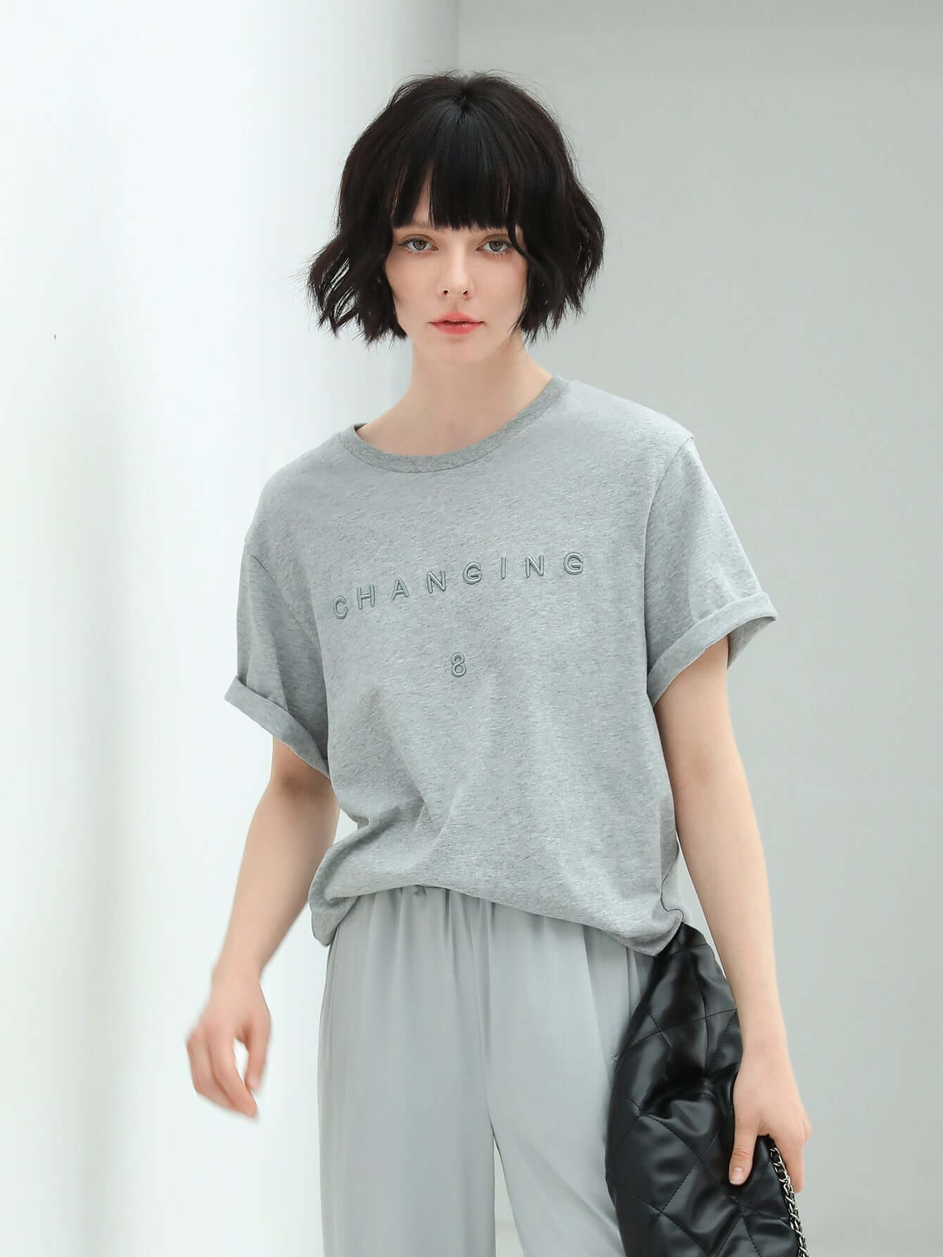 Gray Short Sleeve 3D Printed T Shirt Breathable Loose Fit-0