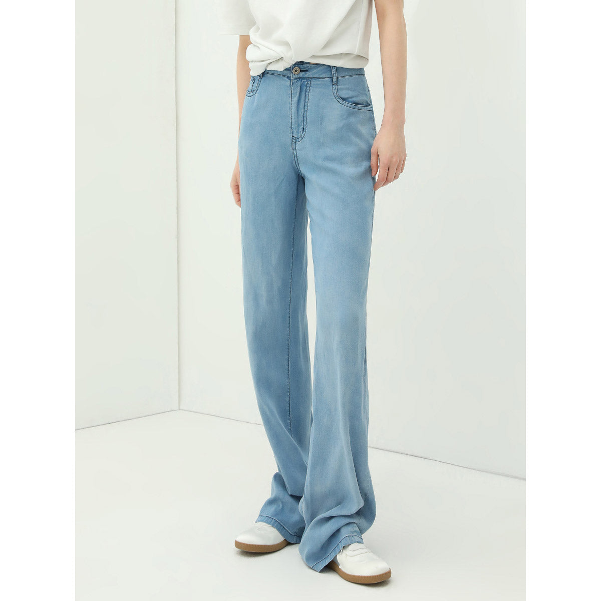 High Waist Blue Draped Straight Leg Jeans for Comfort & Style-0