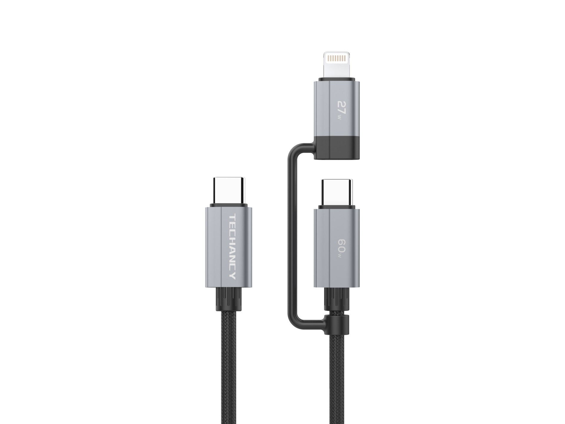 Techancy Cabo de carregamento rápido 2 em 1 TB1743 1m USB-C para USB-C 60W e USB-C para Lightning 27W cabo durável para vários dispositivos-0
