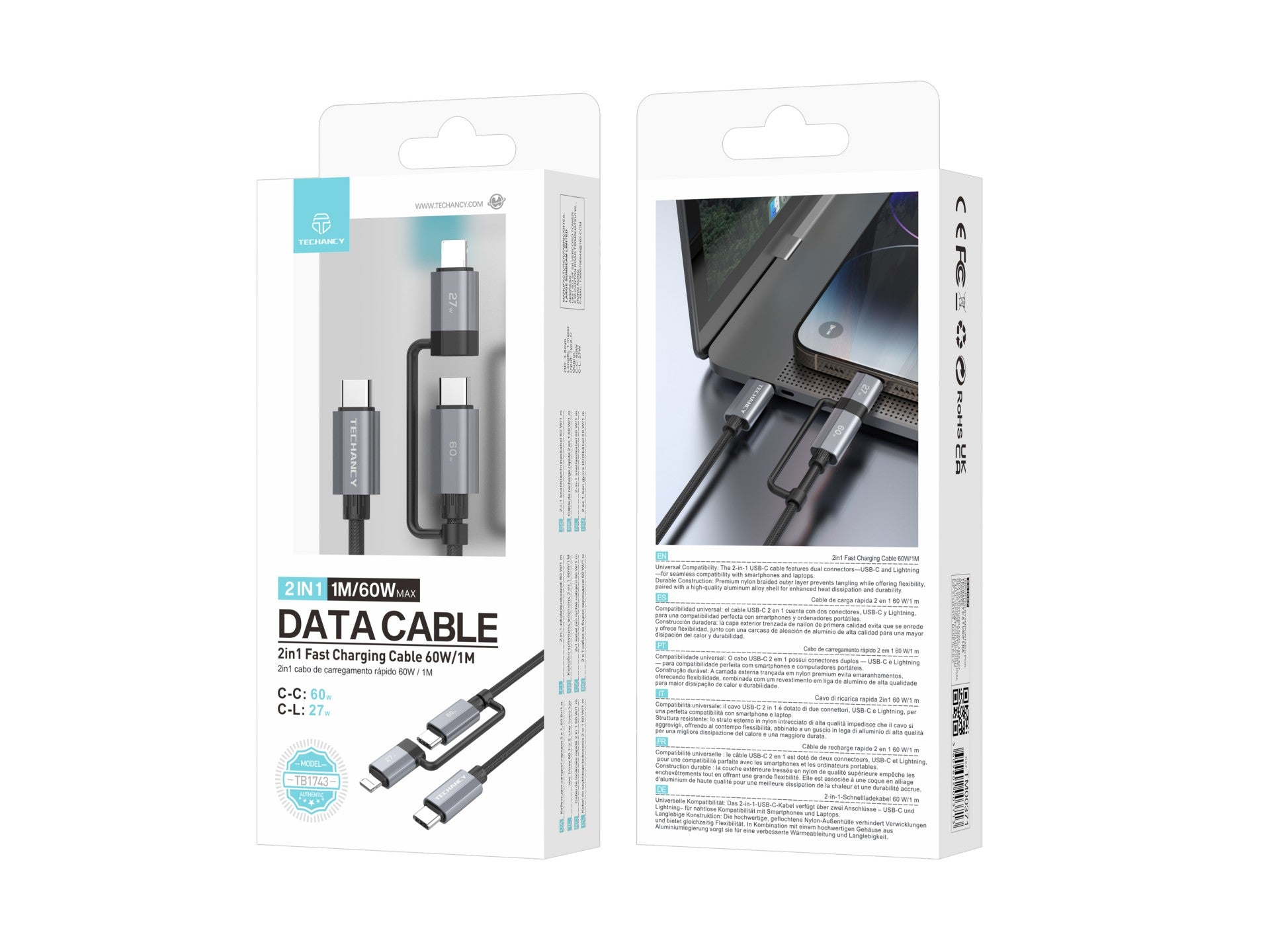 Techancy Cabo de carregamento rápido 2 em 1 TB1743 1m USB-C para USB-C 60W e USB-C para Lightning 27W cabo durável para vários dispositivos-0