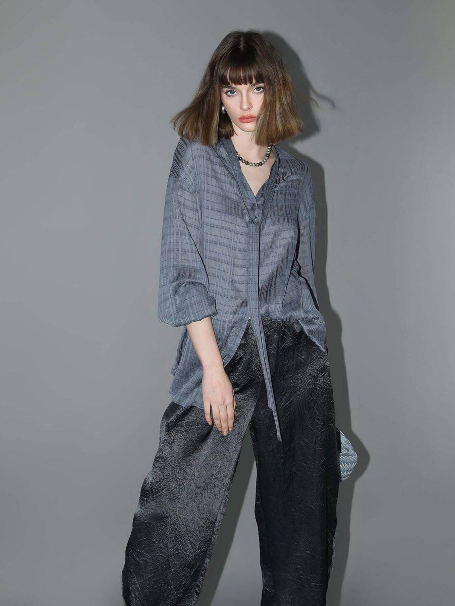 Navy Sheer Jacquard Shirt with Ribbon Tie-0