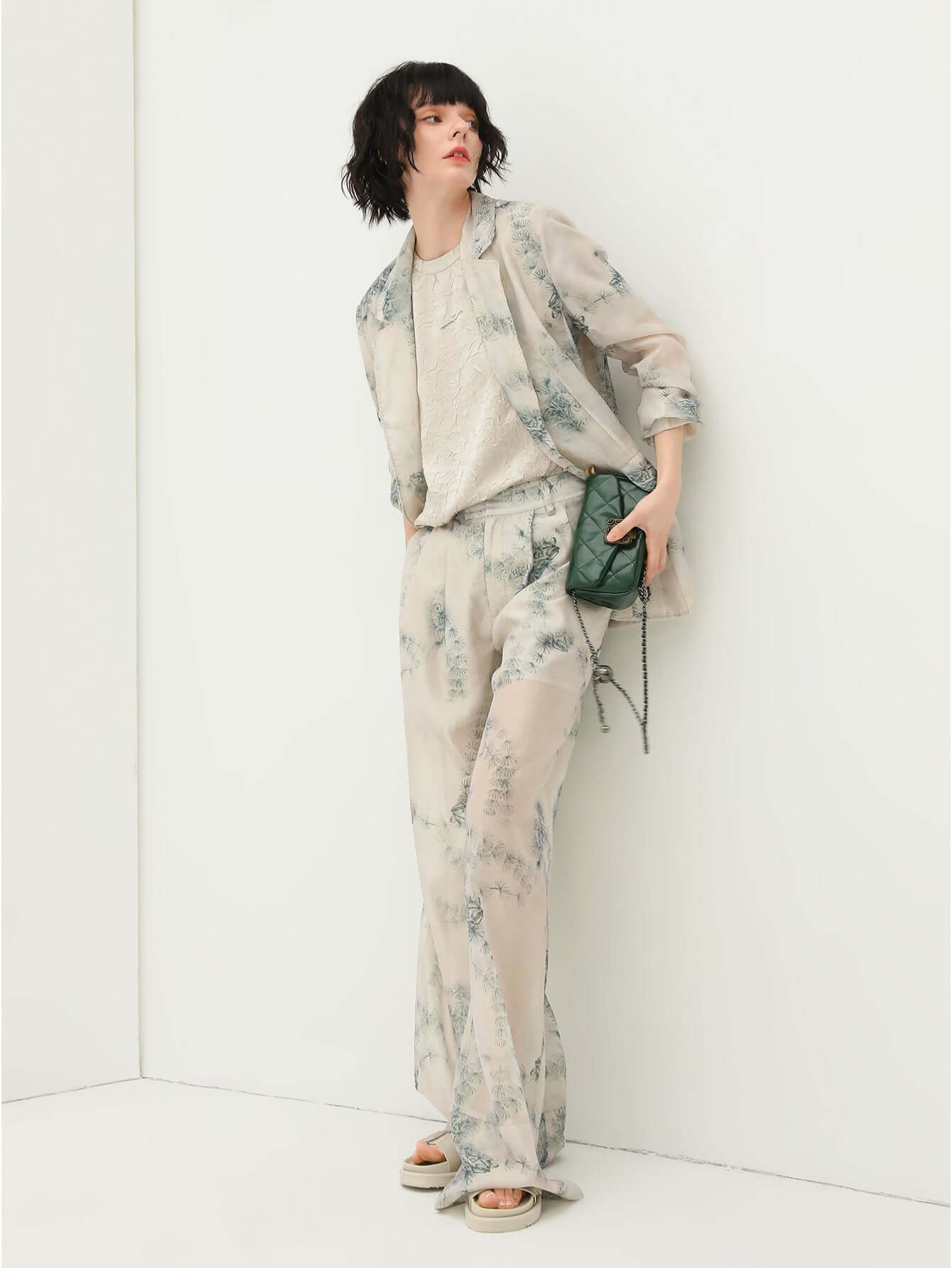 Lightweight Green Straight Leg Floral Print Pants-0