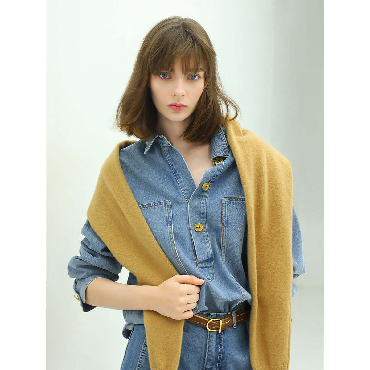Long Sleeved Blue Denim Shirt with Mustard Buttons-0