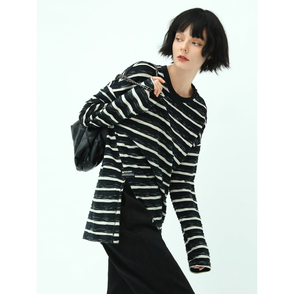 Loose Fit Striped Long Sleeve Tee with Side Slits for Women-0