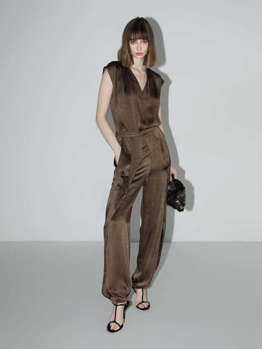 Luxurious Brown Satin V-Neck Top Elegant Sleeveless Design-0