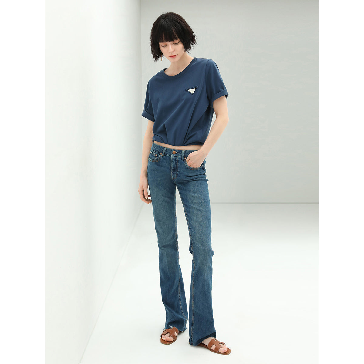 Mid Rise Stretchable Blue Denim Jeans with Fray Hems for Women-0