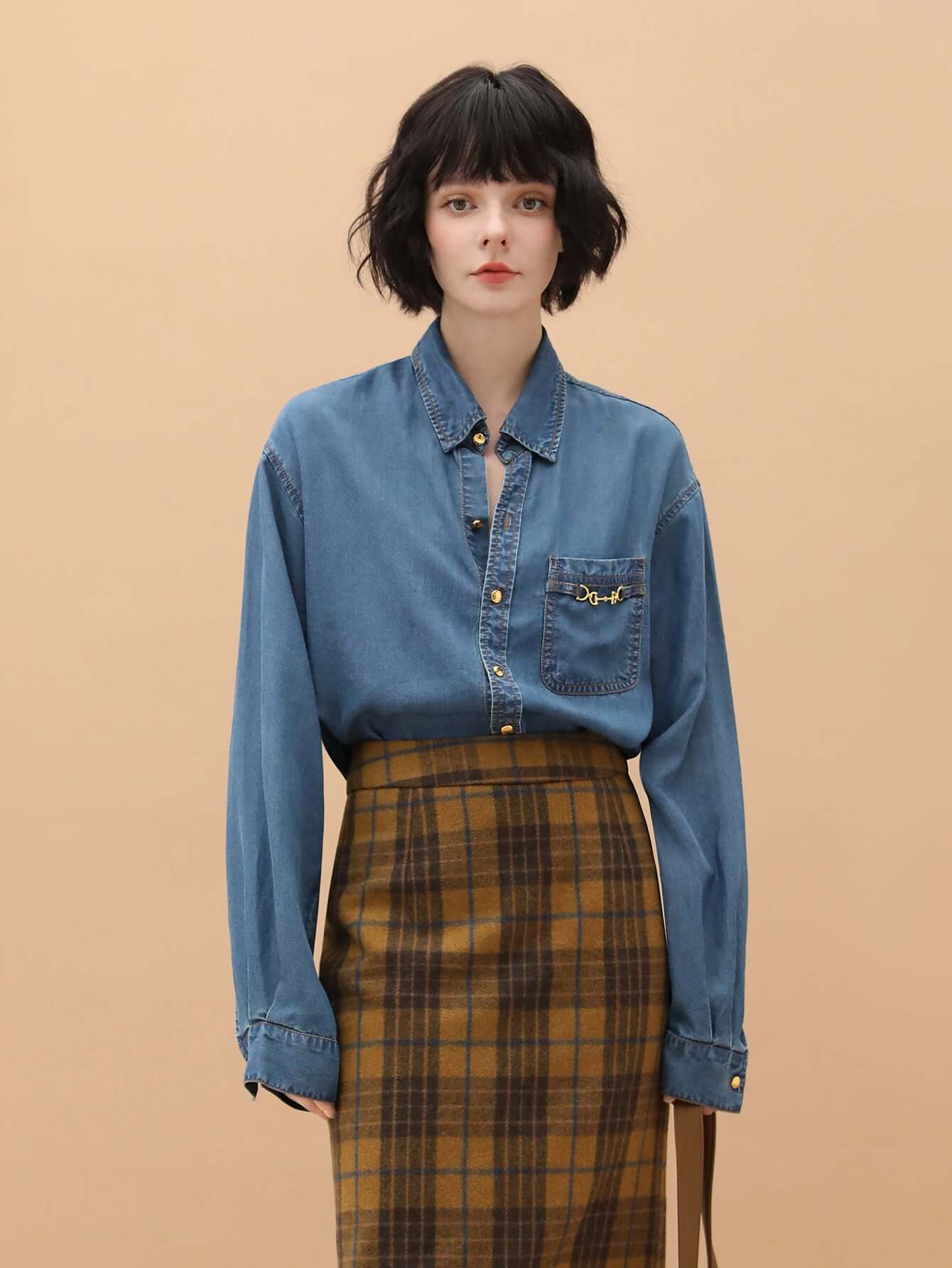Oversized Denim Shirt with Light Gold Horse Buckle Detailing-0