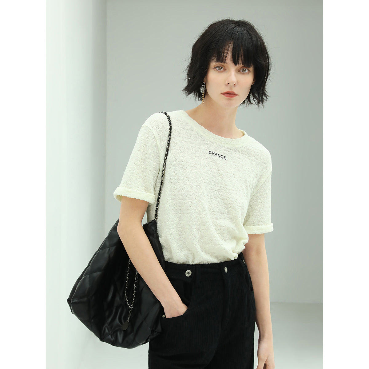 Soft Crew Neck Tee Printed in Ivory White Color-0