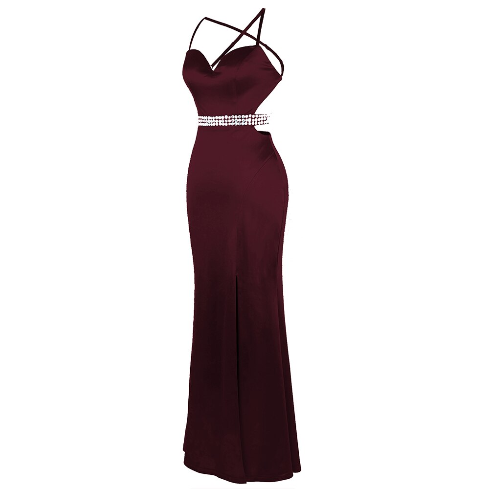 Women's Spaghetti Strap Hollow Out Beading Evening Dresses Backless Luxury Birthday Party Gown Wine Red-0
