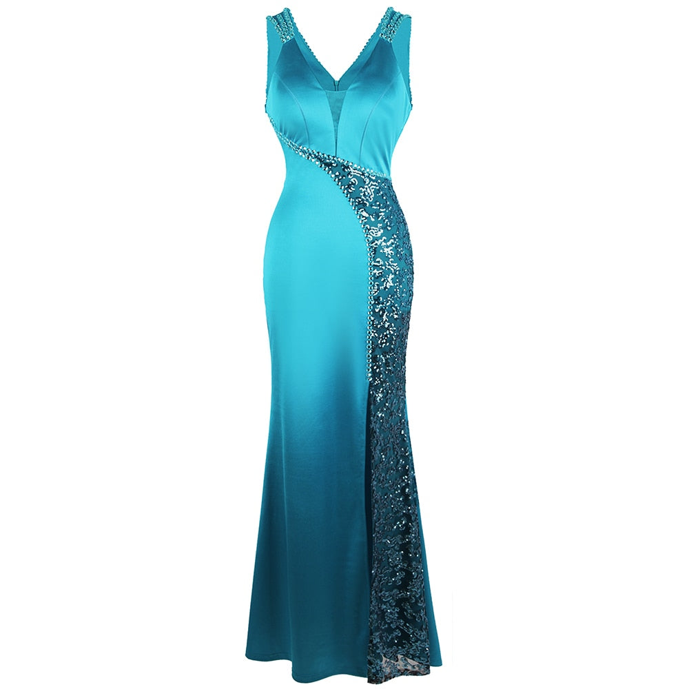 Women's V Neck Beading Sequin Splicing Evening Dresses Long Formal Party Gwon  Ice-Snow Blue-0