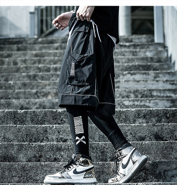 Reflective Hip Hop Shorts Mens  Summer Tactical Knee Length Male Short Pants Joggers Streetwear Cargo Shorts-0