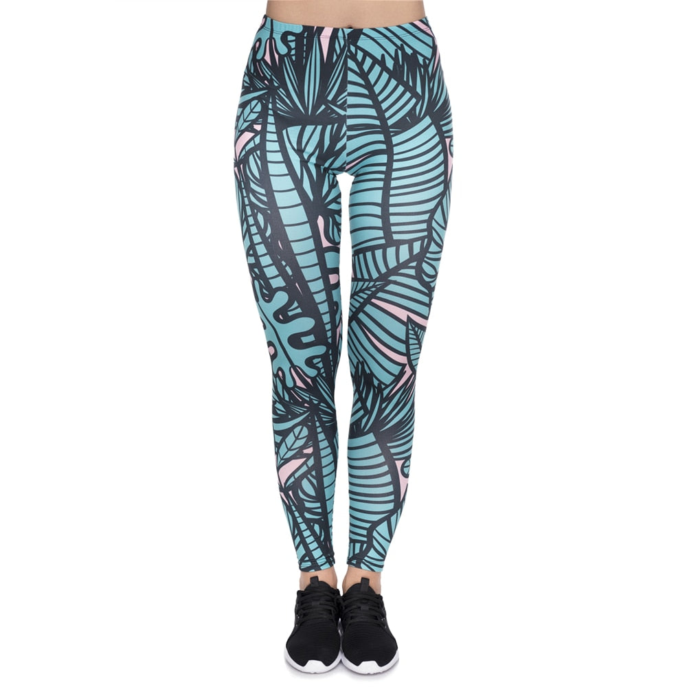 Women's Green Tropical Leaves Printing Knit Leggings Fitness Workout Pants Female Leggins Mujer-0