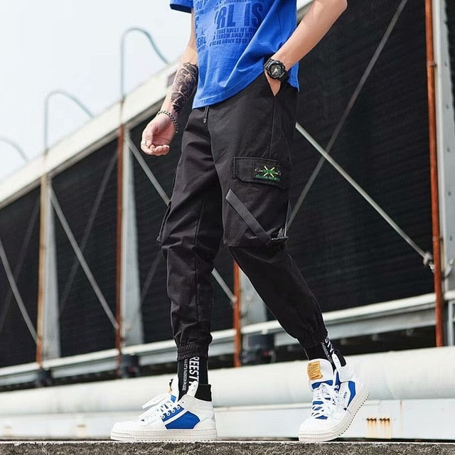 Streetwear Ribbons Casual Pants Men Black Slim Mens Joggers Pants Side-pockets Cotton Camouflage Man Trousers-0