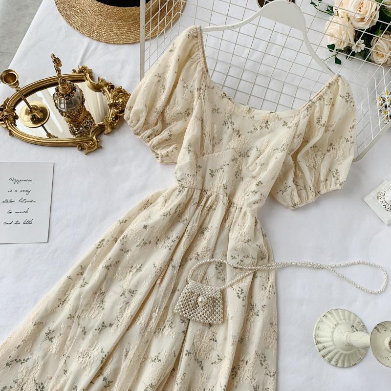 High Waist Casual Party Dress Summer Fashion O Neck Short Puff Sleeve Foamlina Women Vintage Style Floral Lace Dress-0
