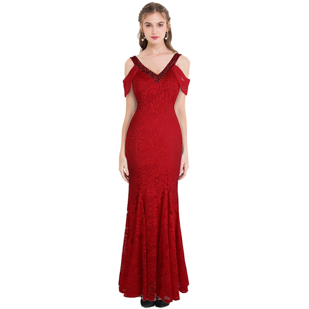 Women's Evening Dress Off Shoulder Lace Beading Crystal Maxi Elegant Bodycon Party Gwon Red-0