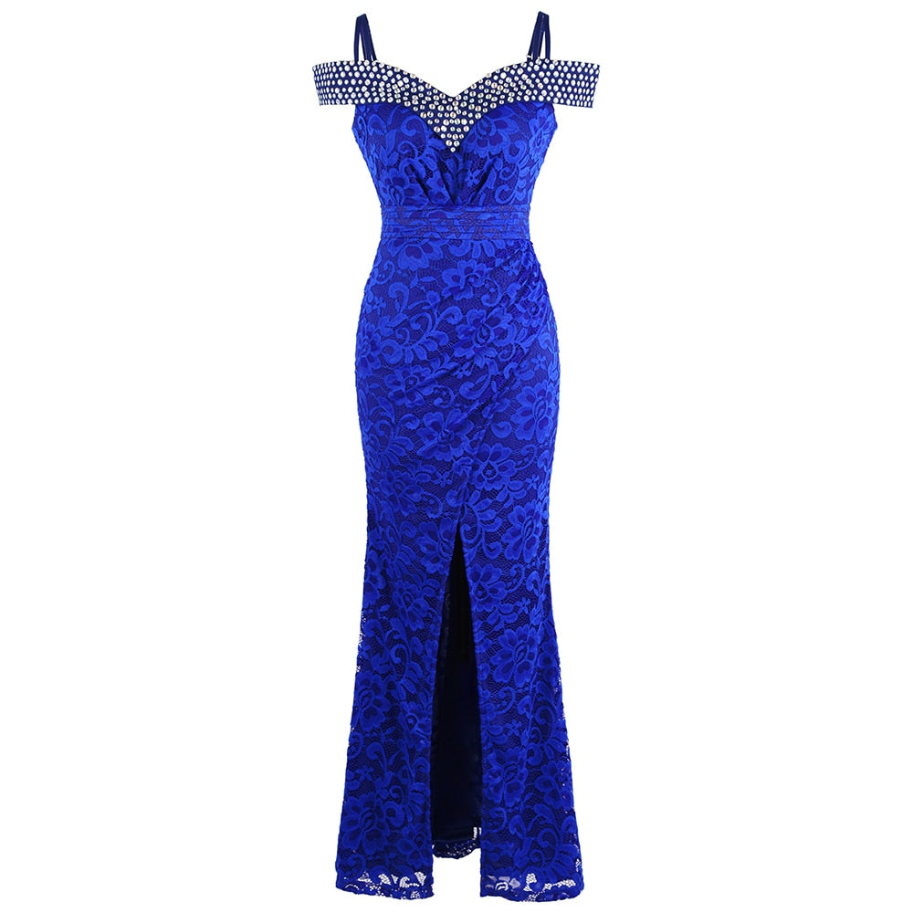 Women's Beading Boat Neck Lace Pleated Party Gown Slit Long Formal Mermaid Evening Dresses-0