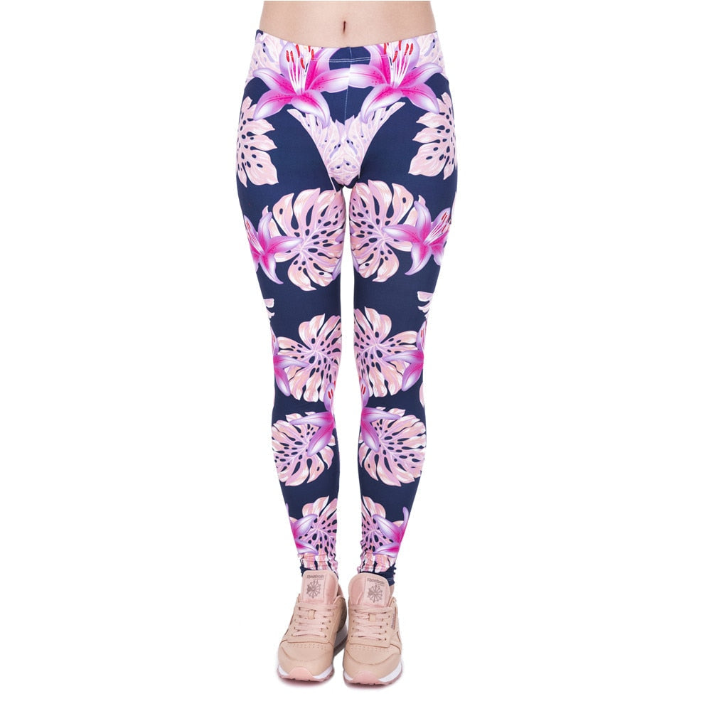 Pink Vegetation Printing High Waist Women Leggings Polyester Knitted Material-0