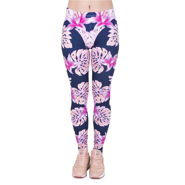 Pink Vegetation Printing High Waist Women Leggings Polyester Knitted Material-0