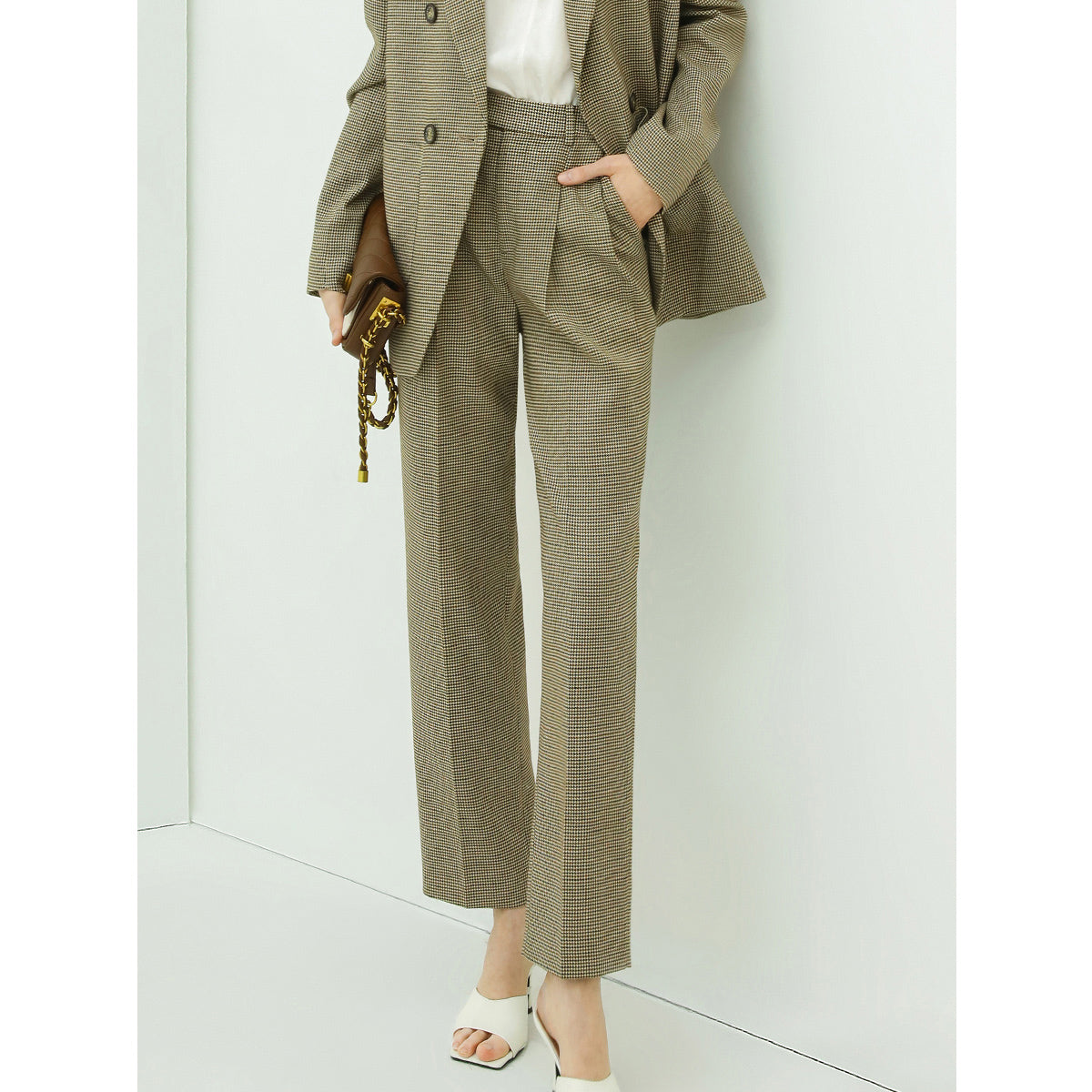 Women's Professional Slim Fit Checkered Ankle Pants Straight Cut Trousers-0