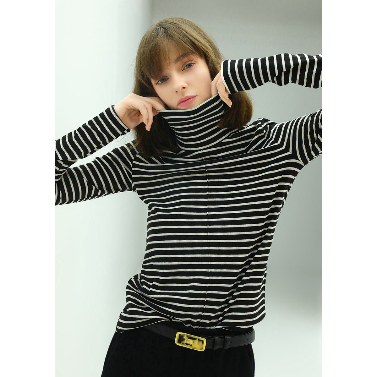 High-Neck Striped Top Soft Stretchy Retro Design Clothing-0