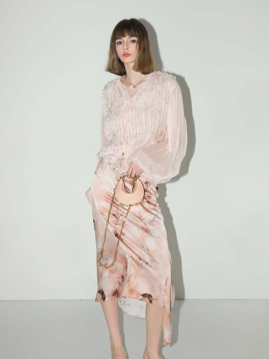 Soft Pink Blouse with Bubble Sleeves French Romance Flair Shirt-0