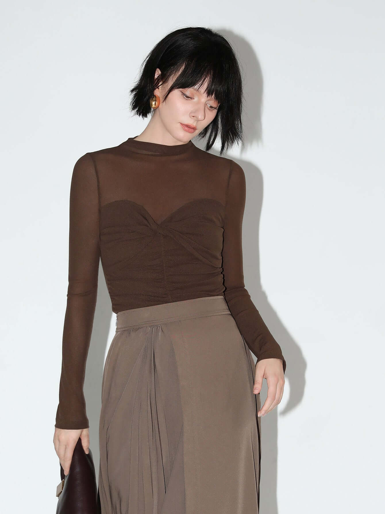 Semi-Sheer Ruched Long Sleeve Tee Sweetheart Neckline Femme Fit blouse for women.-0