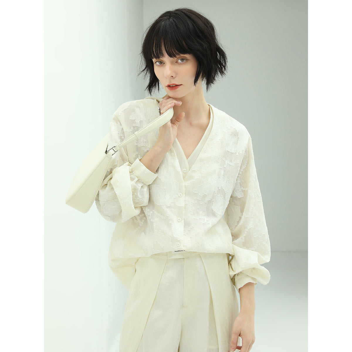 Sheer Floral Ivory Lace Long Sleeve Women's Shirt-0