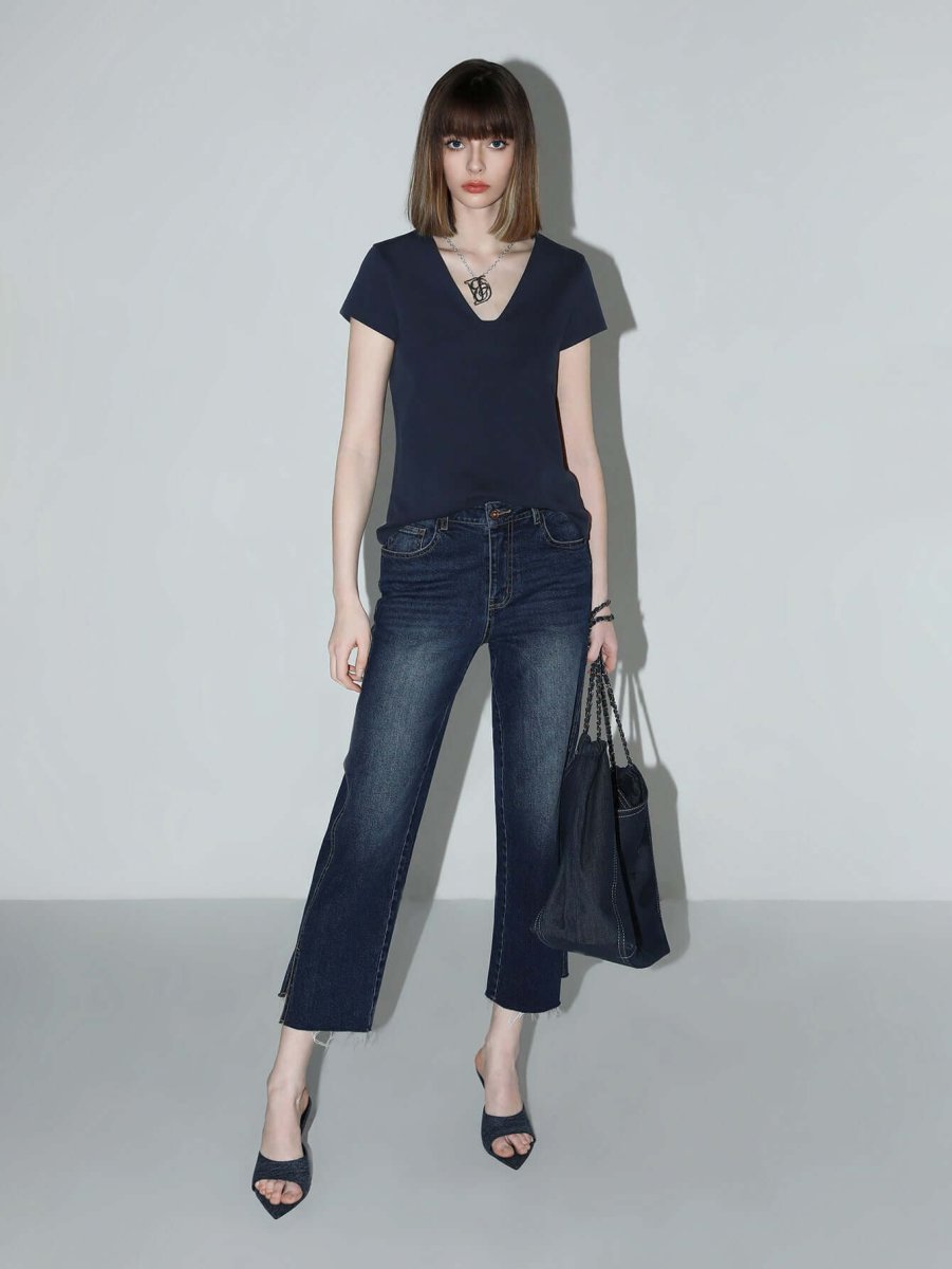 V-Neck Short Sleeve Tee for Women 
 Classic Trapeze Neckline Flattering Style-0