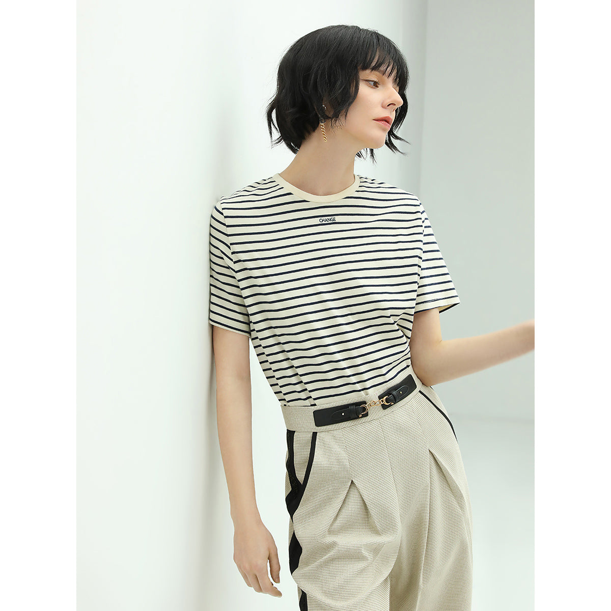 Soft Striped Short Sleeve Tee with Round Neck and Stretchy Fabric-0