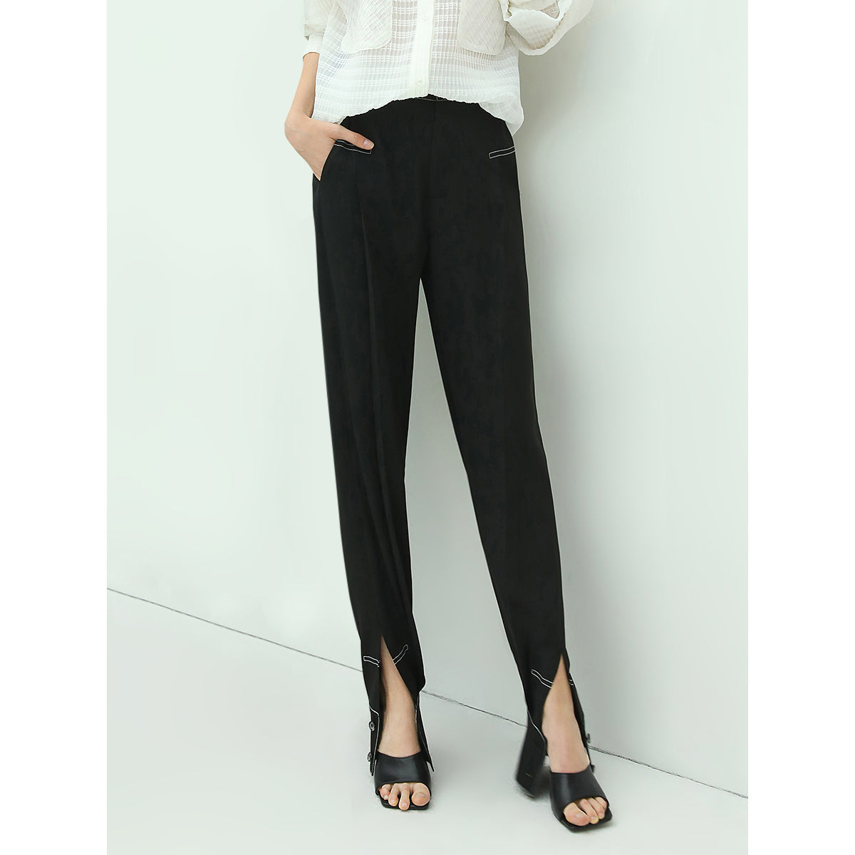 Black Front Ankle Slit Pants Classic Comfort Fit Womens Stylish Pants-0