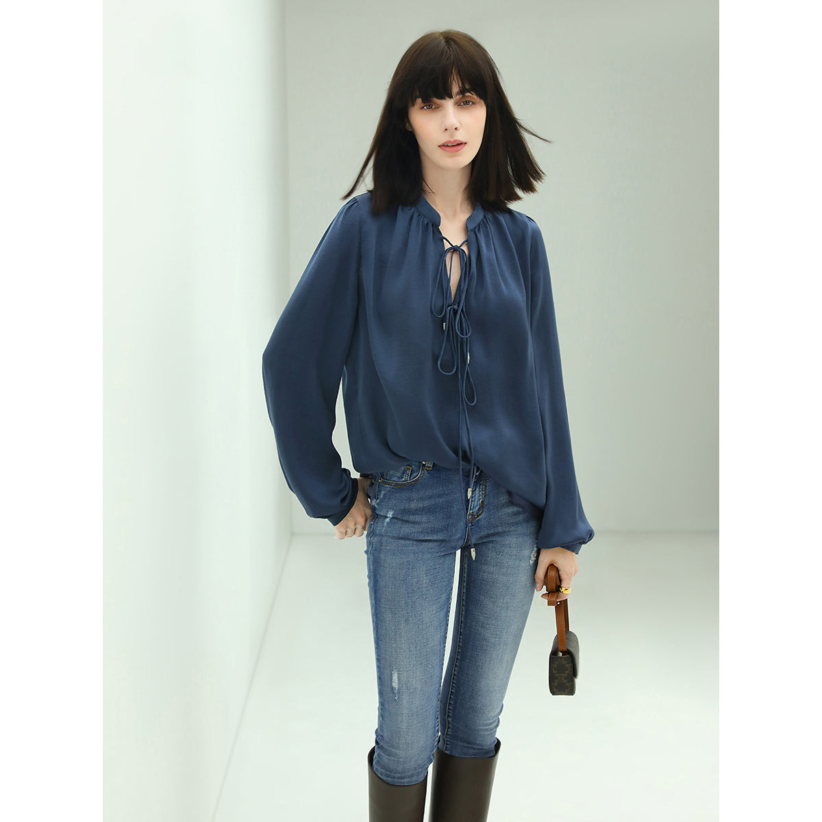 Navy Silk Tie-Front Top Sheer Blouse Shirt for Women-0