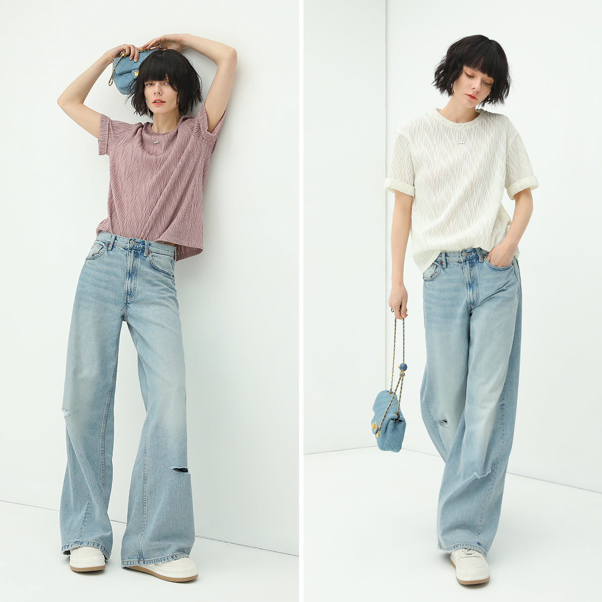 Vintage Flared Blue Jeans Perfect for Petite Women Ripped Light Indigo Jeans Collection