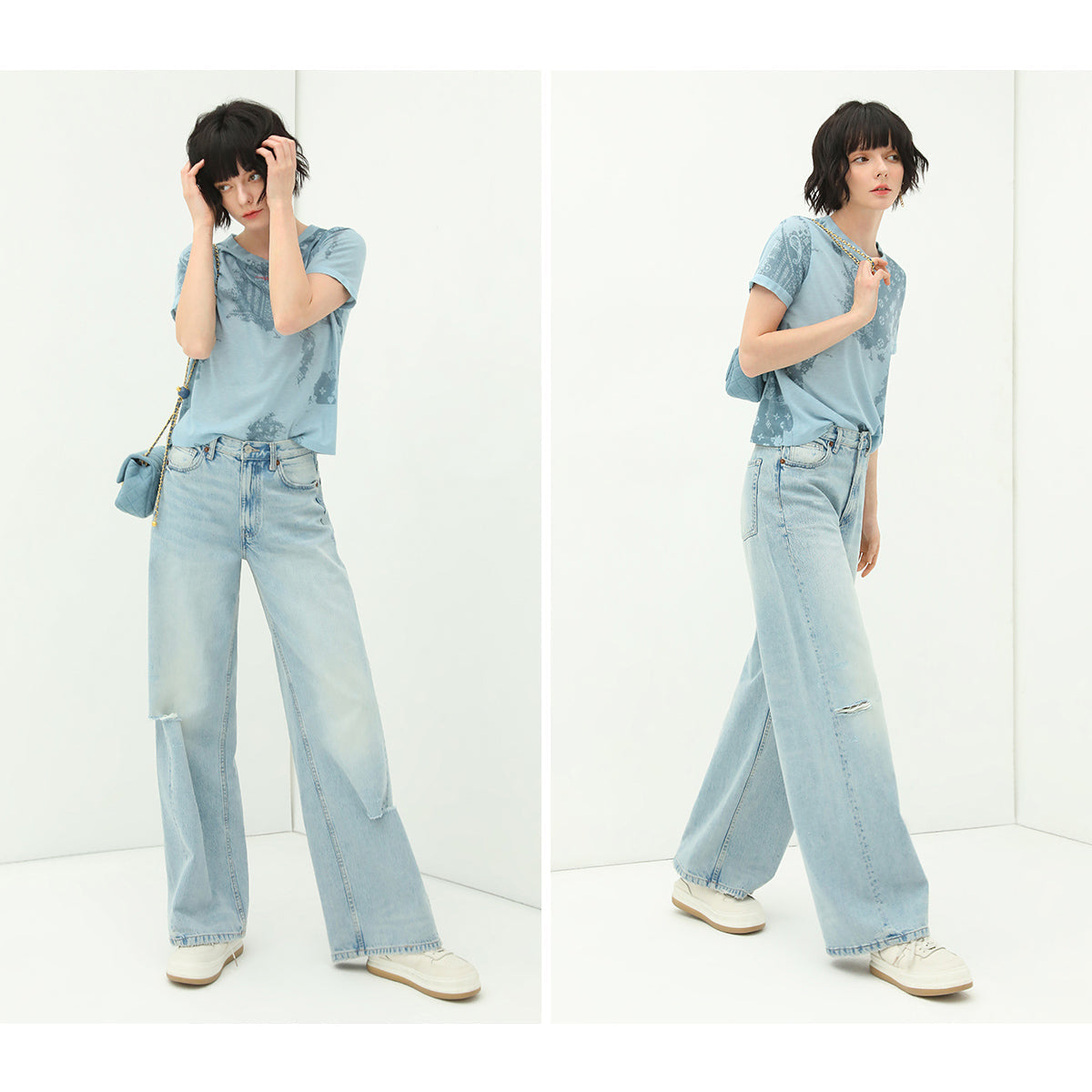 Vintage Flared Blue Jeans Perfect for Petite Women Ripped Light Indigo Jeans Collection