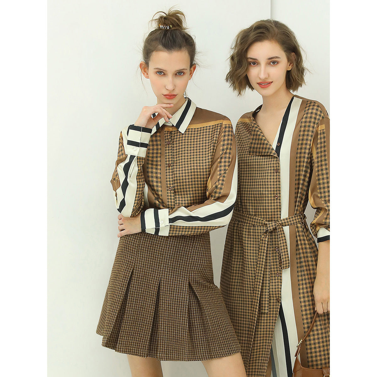 Vintage Brown Satin Grid Button Up Shirt for Women-0