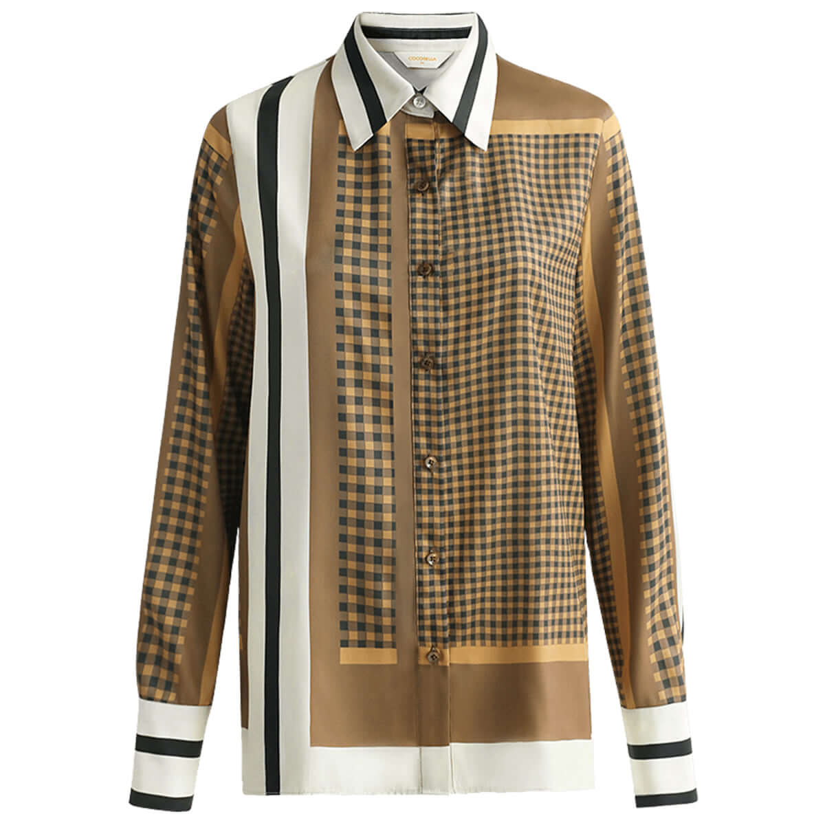 Vintage Brown Satin Grid Button Up Shirt for Women