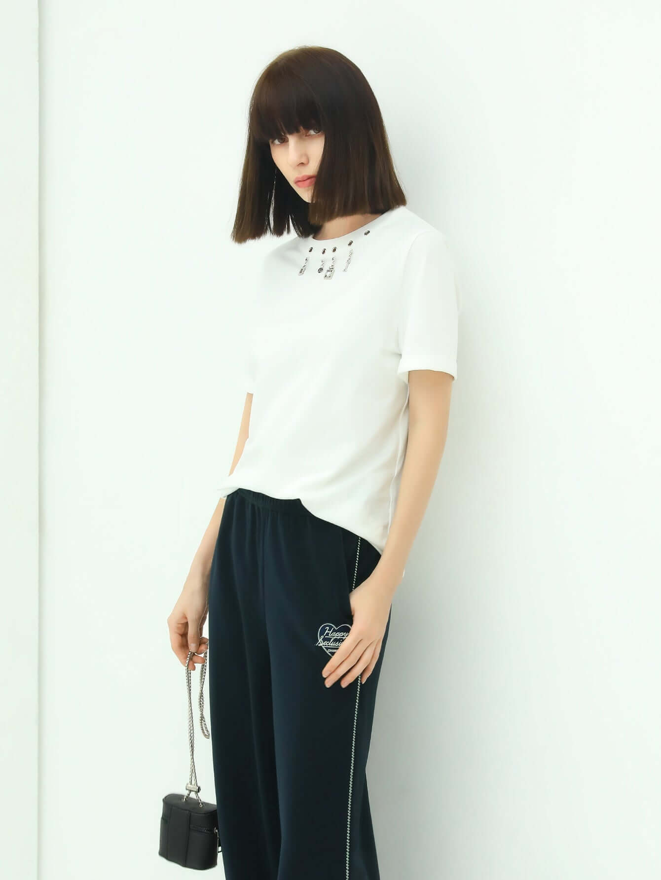 Women's White Embellished Tee with Silver Charms Crew Neck Tee Short Sleeves-0