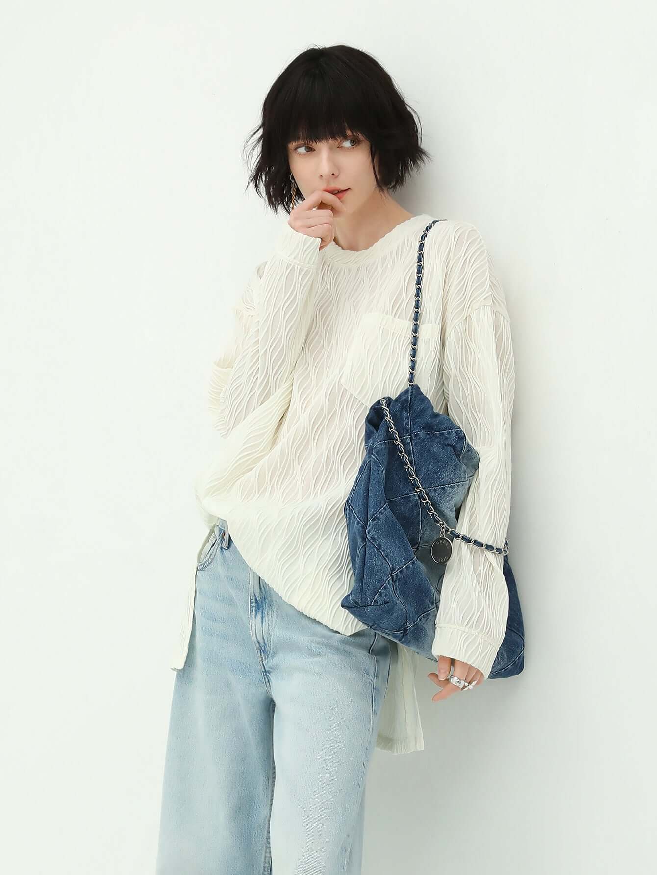 White Textured T Shirt with Short Sleeves Loose Fit-0